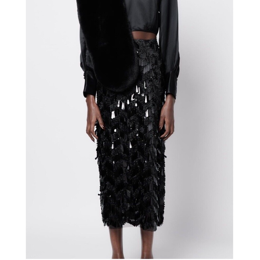 Zara sequin appliqué palette embellished black midi skirt Sz.XS